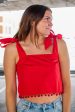 Tie Strap Pom Pom Crop Top in Red Discount