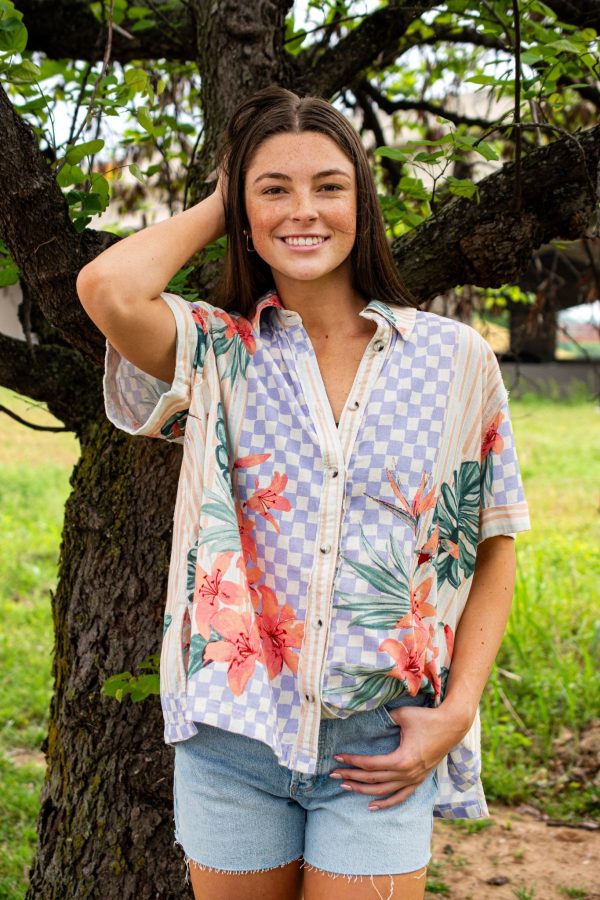 Free People: Retro Tropics Shirt in Sunset Combo Online now